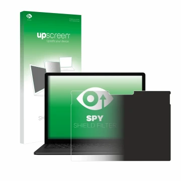 Parte frontal de un envase de producto con el logotipo de la marca upscreen. Al lado se muestra el dispositivo Microsoft Surfa