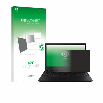 Parte frontal de un envase de producto con el logotipo de la marca upscreen. Al lado se muestra el dispositivo Lenovo ThinkPad