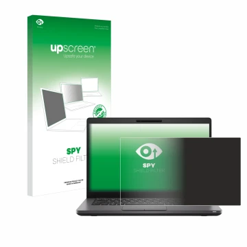 Parte frontal de un envase de producto con el logotipo de la marca upscreen. Al lado se muestra el dispositivo Dell Latitude 5