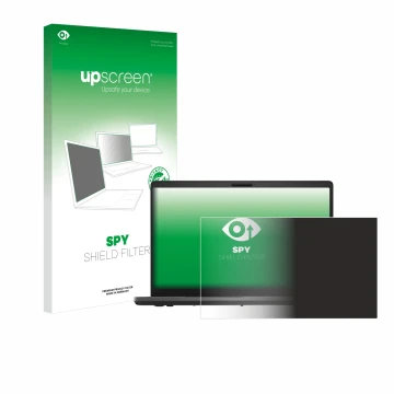 Parte frontal de un envase de producto con el logotipo de la marca upscreen. Al lado se muestra el dispositivo Dell Latitude 5