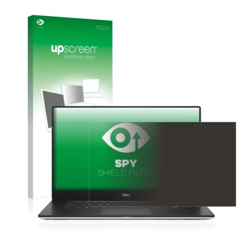 Parte frontal de un envase de producto con el logotipo de la marca upscreen. Al lado se muestra el dispositivo Dell Precision 
