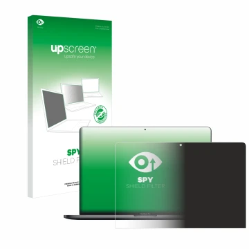 Parte frontal de un envase de producto con el logotipo de la marca upscreen. Al lado se muestra el dispositivo Apple MacBook P