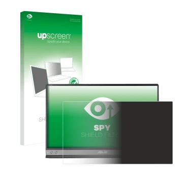 Parte frontal de un envase de producto con el logotipo de la marca upscreen. Al lado se muestra el dispositivo ASUS ZenScreen 