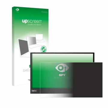 Parte frontal de un envase de producto con el logotipo de la marca upscreen. Al lado se muestra el dispositivo Lenovo ThinkVis