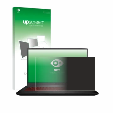 Parte frontal de un envase de producto con el logotipo de la marca upscreen. Al lado se muestra el dispositivo MSI GF75 10SDR-