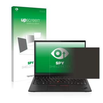 Parte frontal de un envase de producto con el logotipo de la marca upscreen. Al lado se muestra el dispositivo Lenovo ThinkPad