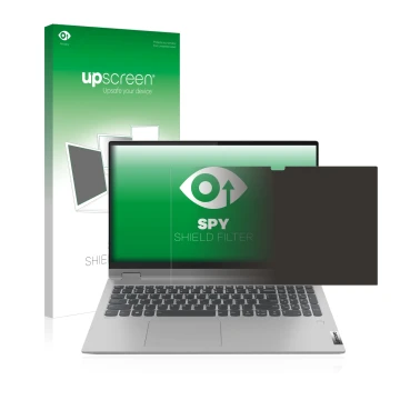 Parte frontal de un envase de producto con el logotipo de la marca upscreen. Al lado se muestra el dispositivo Lenovo IdeaPad 