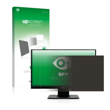Parte frontal de un envase de producto con el logotipo de la marca upscreen. Al lado se muestra el dispositivo Iiyama ProLite 