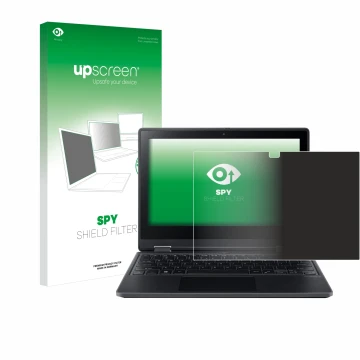 Parte frontal de un envase de producto con el logotipo de la marca upscreen. Al lado se muestra el dispositivo Acer TravelMate