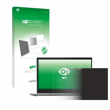 Parte frontal de un envase de producto con el logotipo de la marca upscreen. Al lado se muestra el dispositivo Lenovo ThinkPad