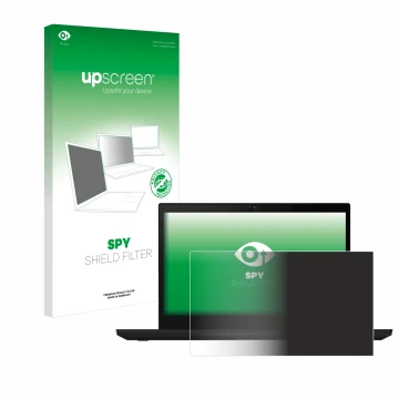 Parte frontal de un envase de producto con el logotipo de la marca upscreen. Al lado se muestra el dispositivo Lenovo ThinkPad