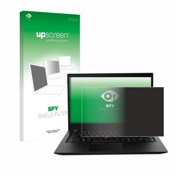 Parte frontal de un envase de producto con el logotipo de la marca upscreen. Al lado se muestra el dispositivo Lenovo ThinkPad