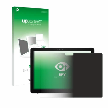 Parte frontal de un envase de producto con el logotipo de la marca upscreen. Al lado se muestra el dispositivo Dell Latitude 7