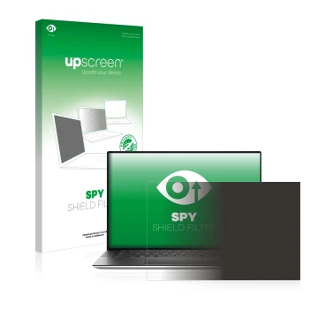 Parte frontal de un envase de producto con el logotipo de la marca upscreen. Al lado se muestra el dispositivo Dell XPS 15 950