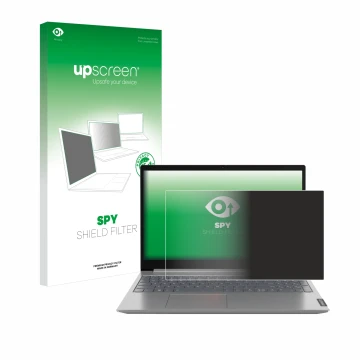 Parte frontal de un envase de producto con el logotipo de la marca upscreen. Al lado se muestra el dispositivo Lenovo ThinkBoo