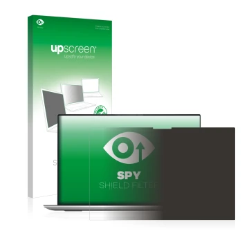 Parte frontal de un envase de producto con el logotipo de la marca upscreen. Al lado se muestra el dispositivo Dell XPS 17 970
