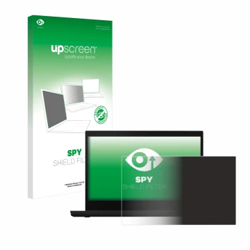 Parte frontal de un envase de producto con el logotipo de la marca upscreen. Al lado se muestra el dispositivo Lenovo ThinkPad