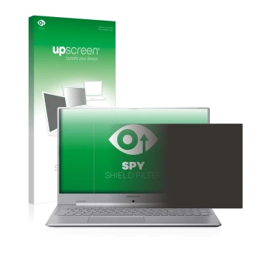 Parte frontal de un envase de producto con el logotipo de la marca upscreen. Al lado se muestra el dispositivo MEDION Akoya S1