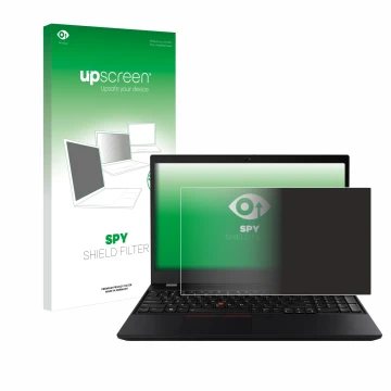 Parte frontal de un envase de producto con el logotipo de la marca upscreen. Al lado se muestra el dispositivo Lenovo ThinkPad