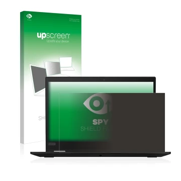 Parte frontal de un envase de producto con el logotipo de la marca upscreen. Al lado se muestra el dispositivo Lenovo ThinkPad