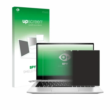 Parte frontal de un envase de producto con el logotipo de la marca upscreen. Al lado se muestra el dispositivo HP EliteBook x3