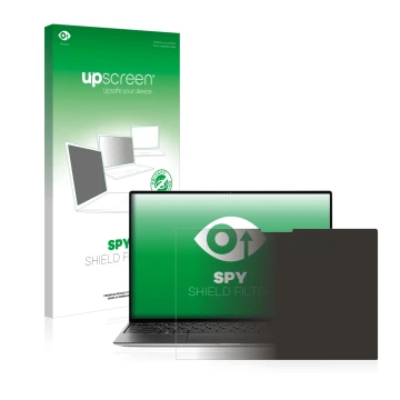 Parte frontal de un envase de producto con el logotipo de la marca upscreen. Al lado se muestra el dispositivo Dell XPS 13 931