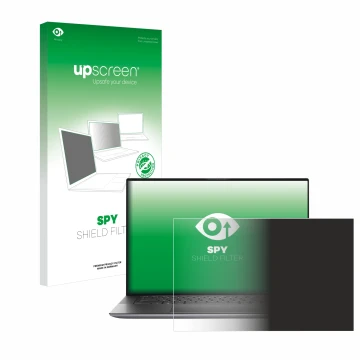 Parte frontal de un envase de producto con el logotipo de la marca upscreen. Al lado se muestra el dispositivo Dell Precision 