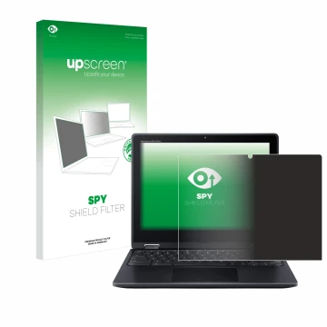 Parte frontal de un envase de producto con el logotipo de la marca upscreen. Al lado se muestra el dispositivo Acer Chromebook