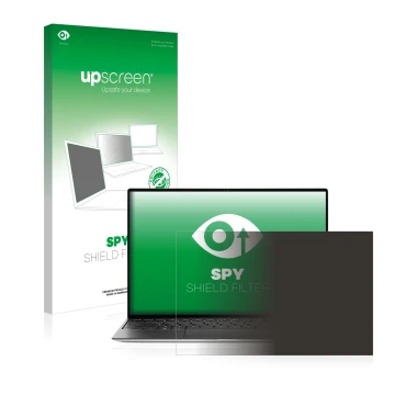Parte frontal de un envase de producto con el logotipo de la marca upscreen. Al lado se muestra el dispositivo Dell XPS 13 931