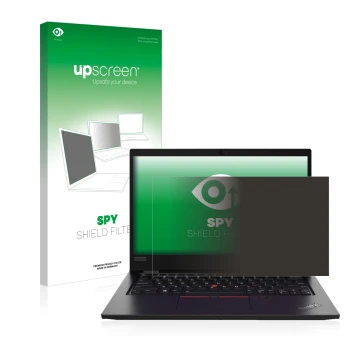 Parte frontal de un envase de producto con el logotipo de la marca upscreen. Al lado se muestra el dispositivo Lenovo ThinkPad