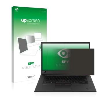 Parte frontal de un envase de producto con el logotipo de la marca upscreen. Al lado se muestra el dispositivo Lenovo ThinkPad