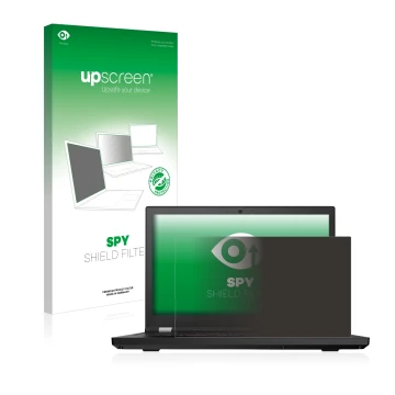 Parte frontal de un envase de producto con el logotipo de la marca upscreen. Al lado se muestra el dispositivo Lenovo ThinkPad