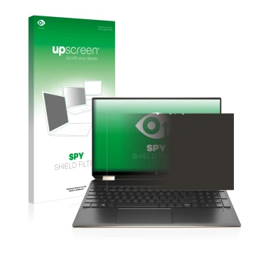 Parte frontal de un envase de producto con el logotipo de la marca upscreen. Al lado se muestra el dispositivo HP Spectre x360