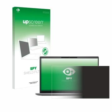 Parte frontal de un envase de producto con el logotipo de la marca upscreen. Al lado se muestra el dispositivo Dell Latitude 7