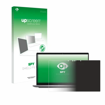 Parte frontal de un envase de producto con el logotipo de la marca upscreen. Al lado se muestra el dispositivo Dell Latitude 7