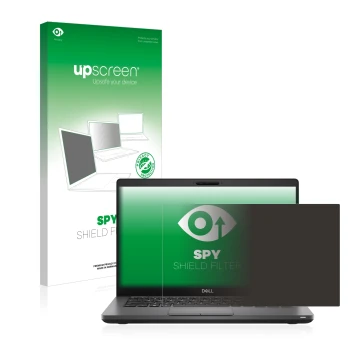 Parte frontal de un envase de producto con el logotipo de la marca upscreen. Al lado se muestra el dispositivo Dell Latitude 5