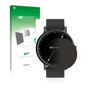 Parte frontal de un envase de producto con el logotipo de la marca upscreen. Al lado se muestra el dispositivo Relojes (Circul