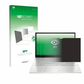 Parte frontal de un envase de producto con el logotipo de la marca upscreen. Al lado se muestra el dispositivo HP Envy 17-cX c