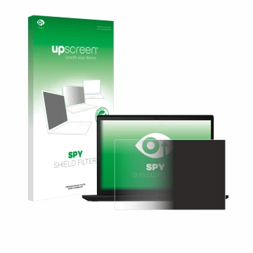 Parte frontal de un envase de producto con el logotipo de la marca upscreen. Al lado se muestra el dispositivo Lenovo ThinkPad