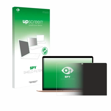 Parte frontal de un envase de producto con el logotipo de la marca upscreen. Al lado se muestra el dispositivo Apple MacBook A