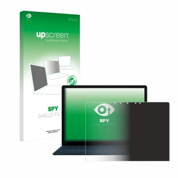 Parte frontal de un envase de producto con el logotipo de la marca upscreen. Al lado se muestra el dispositivo Microsoft Surfa