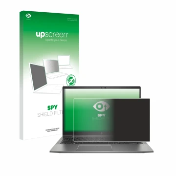 Parte frontal de un envase de producto con el logotipo de la marca upscreen. Al lado se muestra el dispositivo HP ZBook Firefl