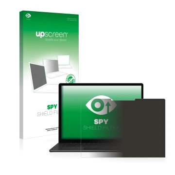 Parte frontal de un envase de producto con el logotipo de la marca upscreen. Al lado se muestra el dispositivo Microsoft Surfa