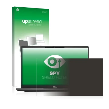 Parte frontal de un envase de producto con el logotipo de la marca upscreen. Al lado se muestra el dispositivo Dell Latitude 7