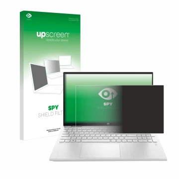 Parte frontal de un envase de producto con el logotipo de la marca upscreen. Al lado se muestra el dispositivo HP ProBook 440 