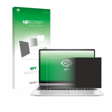 Parte frontal de un envase de producto con el logotipo de la marca upscreen. Al lado se muestra el dispositivo HP ProBook 450 