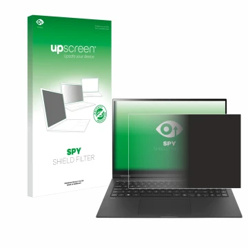 Parte frontal de un envase de producto con el logotipo de la marca upscreen. Al lado se muestra el dispositivo LG gram 16'' 2-