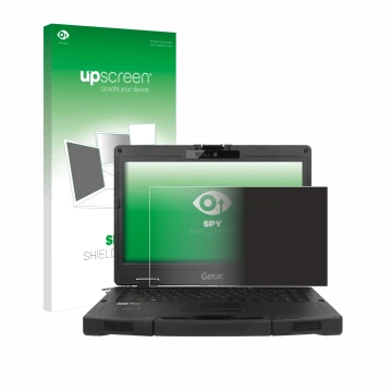 Parte frontal de un envase de producto con el logotipo de la marca upscreen. Al lado se muestra el dispositivo Getac S410 con 
