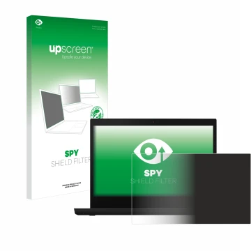 Parte frontal de un envase de producto con el logotipo de la marca upscreen. Al lado se muestra el dispositivo Lenovo ThinkPad