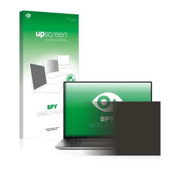 Parte frontal de un envase de producto con el logotipo de la marca upscreen. Al lado se muestra el dispositivo Dell XPS 15 951